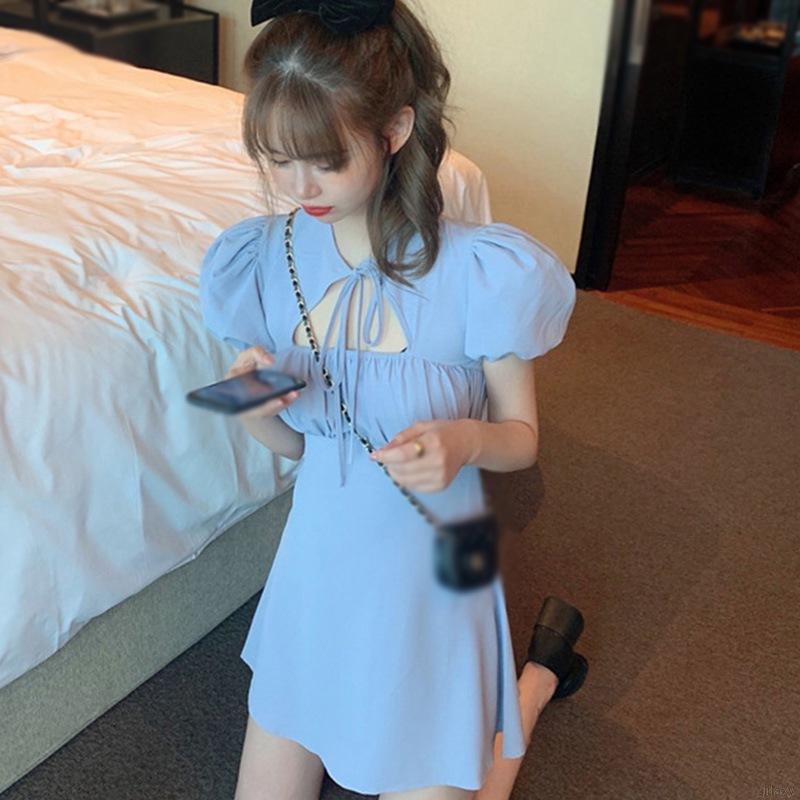 Đầm Nữ Ngắn Tay Thắt Nơ Cổ Thời Trang