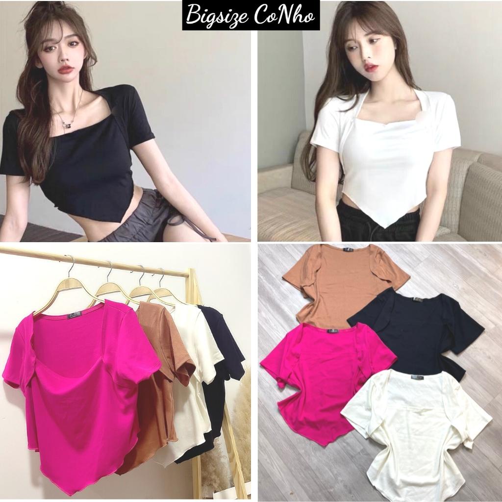 Áo thun croptop bigsize nữ , áo thun tay ngắn cổ vuông tà nhọn vải thun borip co giãn thoải mái 60kg-95kg A23