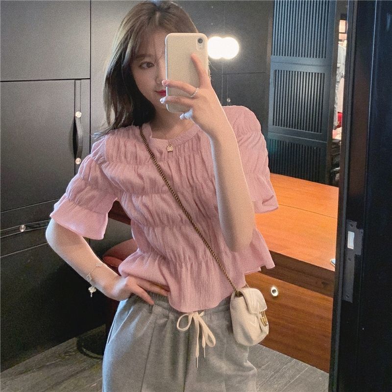 Áo tay phồng ngắn bằng chiffon phong cách Pháp cổ điển thời trang mùa hè dành cho nữ 00765