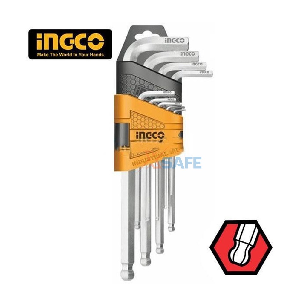 Bộ 9 chìa lục giác bi INGCO HHK12091 nhỏ gọn thép Cr-V cứng cáp, chịu nhiệt, size 1.5-10mm - chính hãng