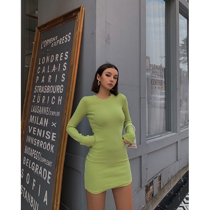 Đầm tay dài cổ tròn thiết kế ôm dáng phong cách Âu Mỹ 2021 quyến rũ thời trang dành cho nữ