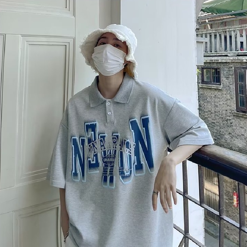 Áo Thun POLO Tay Ngắn Dáng Rộng Thoáng Khí In Chữ Phong Cách hip hop Đường Phố Hàn Quốc Thời Trang Mùa Hè Cho Nam