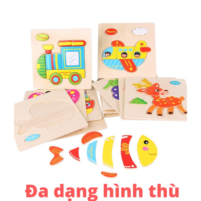 Combo Tranh ghép hình bằng gỗ 3D nổi cho bé vừa xếp hình vừa học tiếng anh