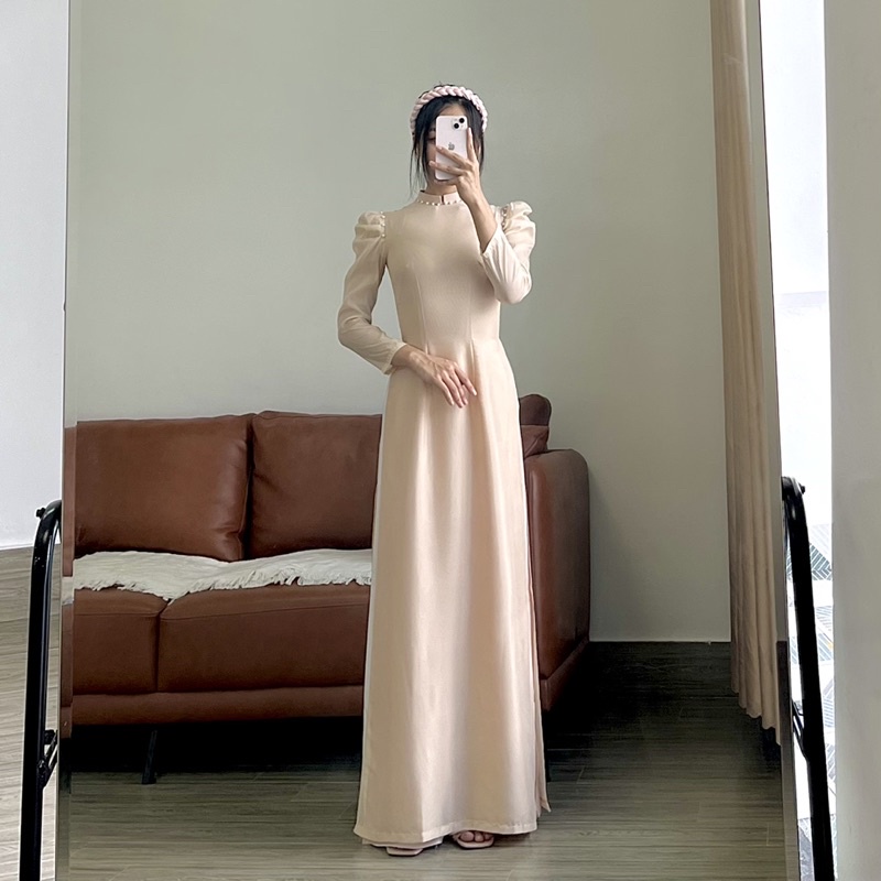 Áo Dài Voan Tơ 4 Tà Tay Phồng Đính Ngọc_ AD Huyền Ny
