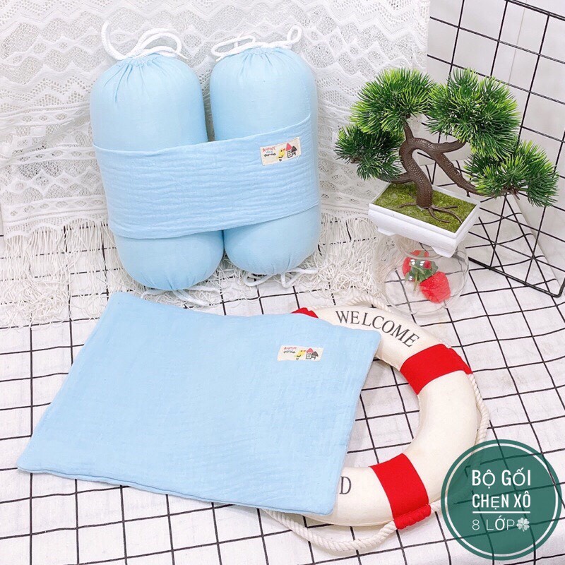 Bộ chặn kèm gối Muslin 8 lớp họa tiết thêu