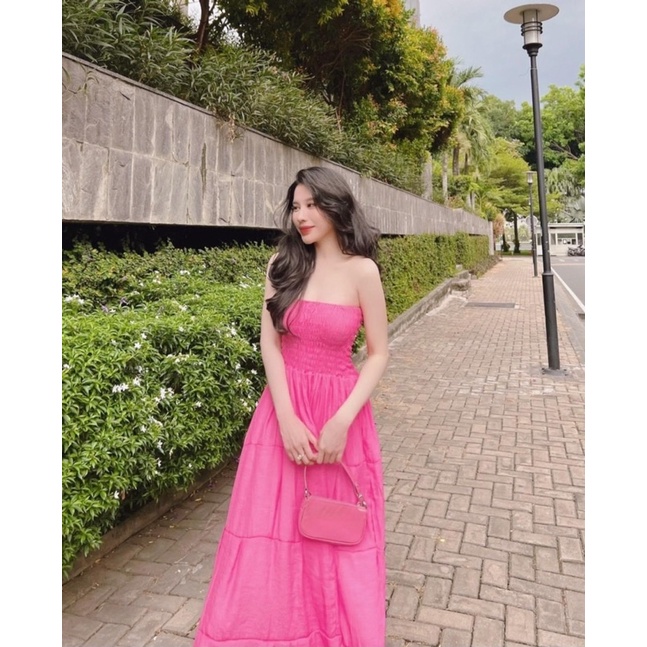 Đầm Maxi Tiểu Thư Đi Biển Du Lịch Bo Chun Cúp Ngực