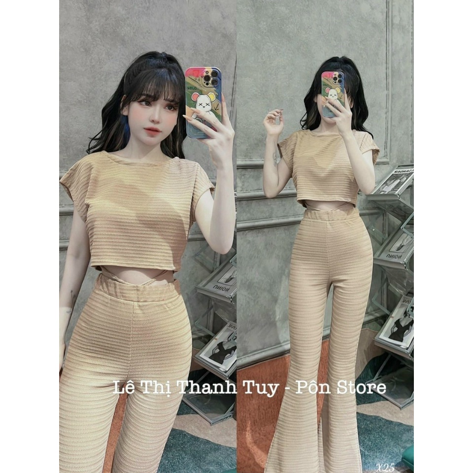 [Set bộ] Set 2 món áo và quần với áo croptop form rộng  kèm quần ống loe lưng cao cực đẹp, chất vải xốp thiêu cao cấp