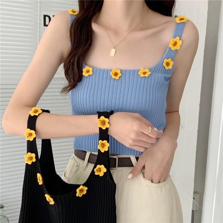 Áo Croptop Hai Dây PINKSTORE29, Dáng Ôm Body, Bản Dây To Phối Hoa Len Móc A5427