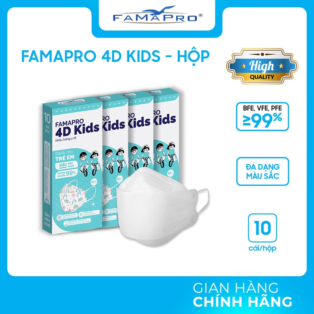 [4D MASK KIDS (KF94)- COMBO 4- HỘP 10 CÁI] Khẩu trang y tế trẻ em cao cấp kháng khuẩn 3 lớp Famapro cho bé 3-6 tuổi