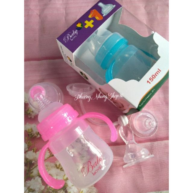 Bình sữa, bình thìa sillicon Baby Love 2 in 1 cổ rộng có tay cầm 150ml (Tặng 1 núm ti)