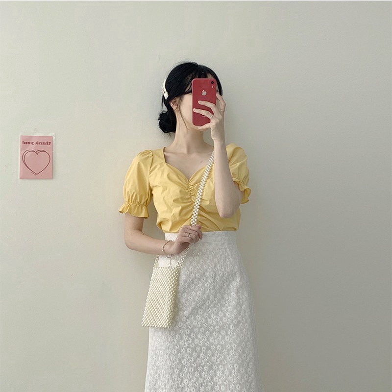 Áo SUXI tay phồng ngắn cổ chữ V xếp ly màu trơn phong cách Hàn Quốc thời trang