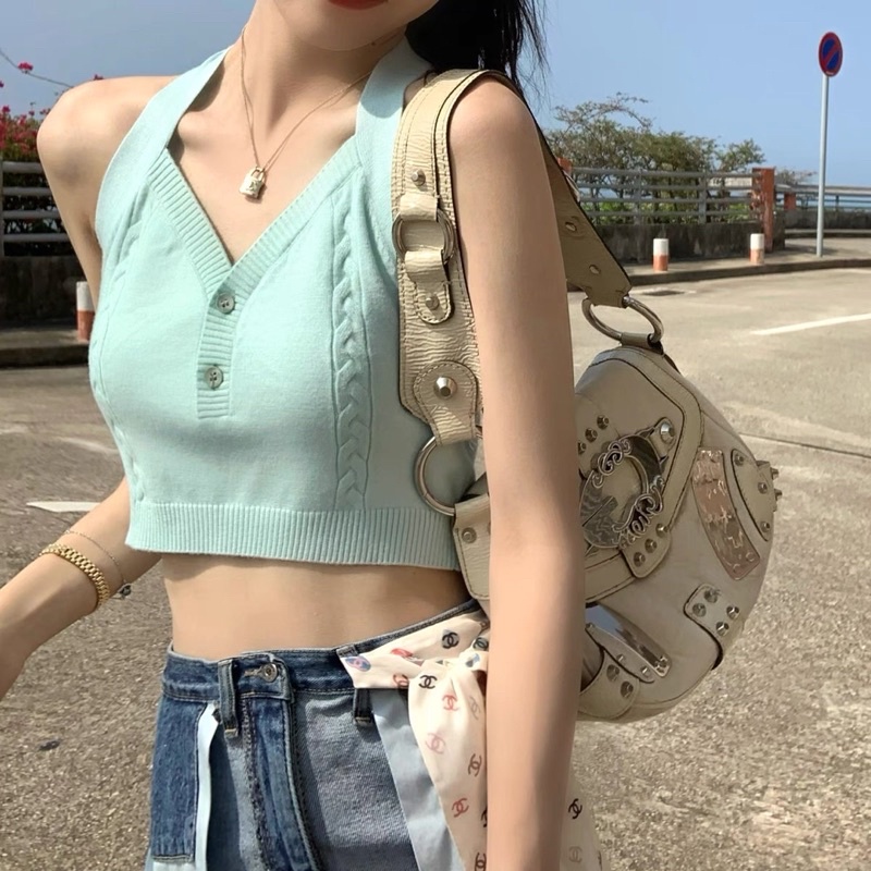 (ORDER TAOBAO) Áo croptop cổ yếm len dệt kim xanh/xám/hồng có nút kèm feedback thật