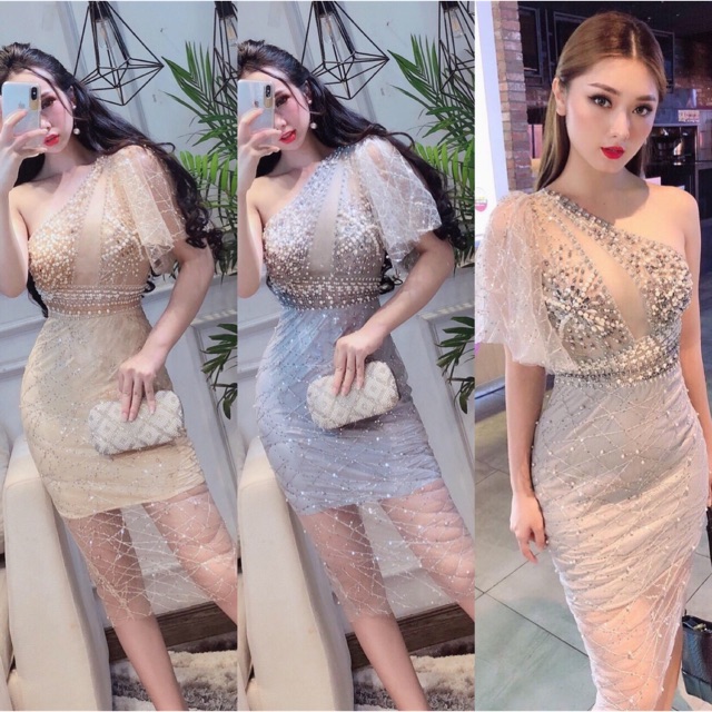 Đầm body phối lưới kết chuỗi cườm (kèm feeback của khách)