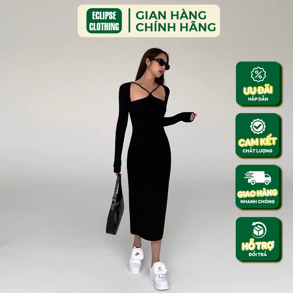 Váy Cổ Yếm Dây Chéo Dài Tay Maxi Eclipse Clothing Đầm Body Phù Hợp Đi Chơi Dạo Phố Hẹn Hò