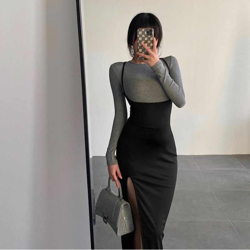 Váy Body Dây Cột xẻ Đùi Chất Cotton Giãn 4 Chiều
