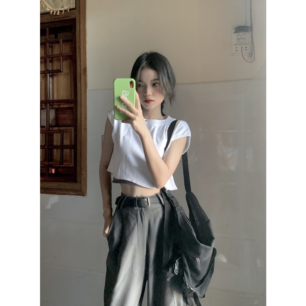 | HÌNH THẬT ĐỘC QUYỀN CUBEDLEMON|Áo croptop thun gân gài kim băng