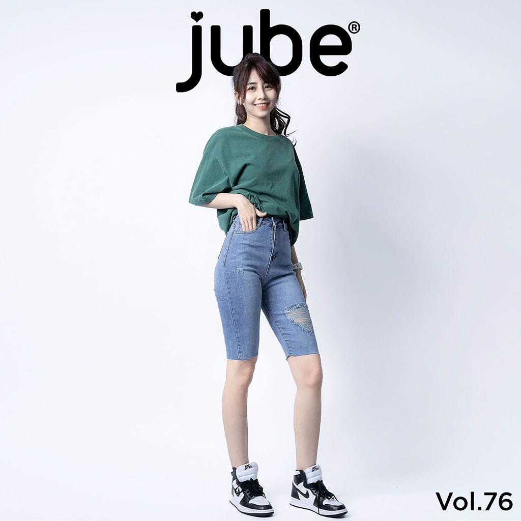 Quần Jean Ngố Nữ Lưng Cao JUBE Vol.76, Quần Lửng Nữ Skinny Rách Cắt Gấu Vải Jeans Giãn Hack Dáng, BST Signature Jeans