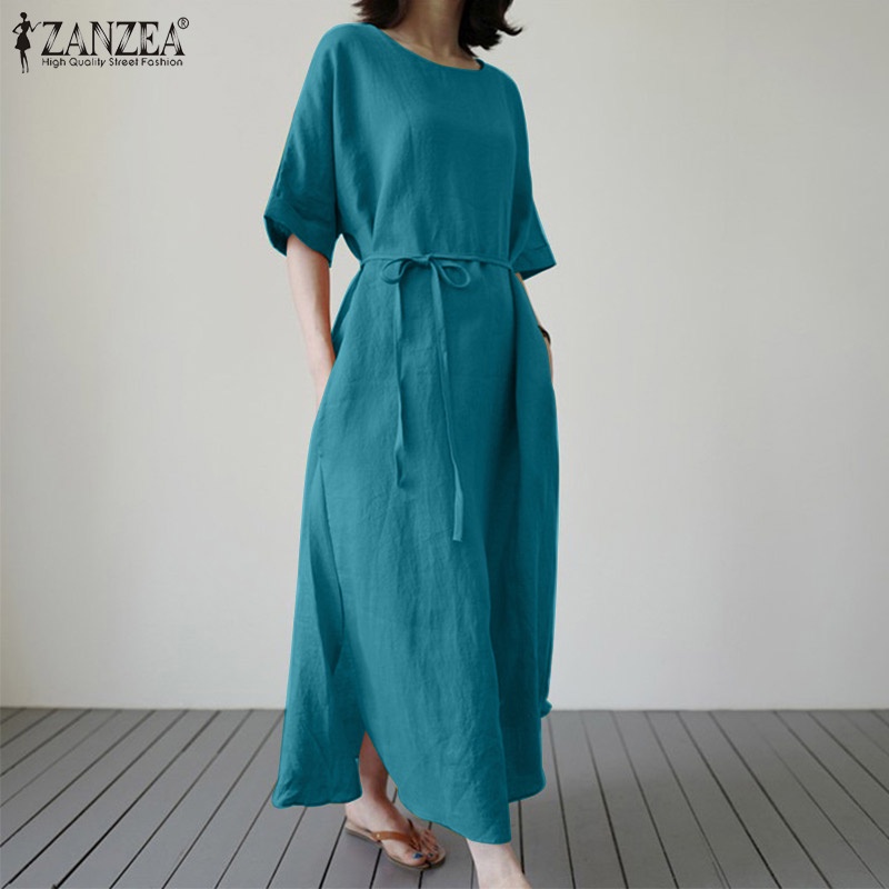 Đầm dài Zanzea dáng rộng cổ tròn tay lỡ màu trơn với thắt lưng thời trang cho nữ