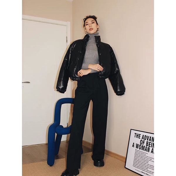 Áo khoác áo phao da Pu dáng ngắn