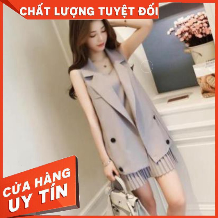 HÀNG CAO CẤP -  Set Đầm Xếp Ly Phối Vest Cực Chất - Váy Đầm Xếp Ly Chân Váy Kết Hợp Áo Khoác Dáng Dài Cổ Vest Siêu Sang 