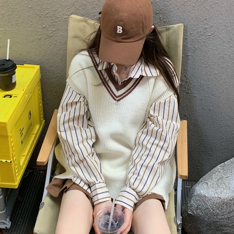 Set Áo Sơ Mi Tay Dài Kẻ Sọc + Áo Vest Dệt Kim Sát Nách Cổ Chữ V Phong Cách Hàn Quốc Mới Cho Nữ