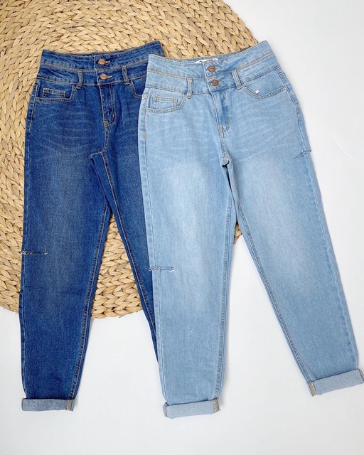 Quần momjeans 2 lưng rách đùi + rách gối