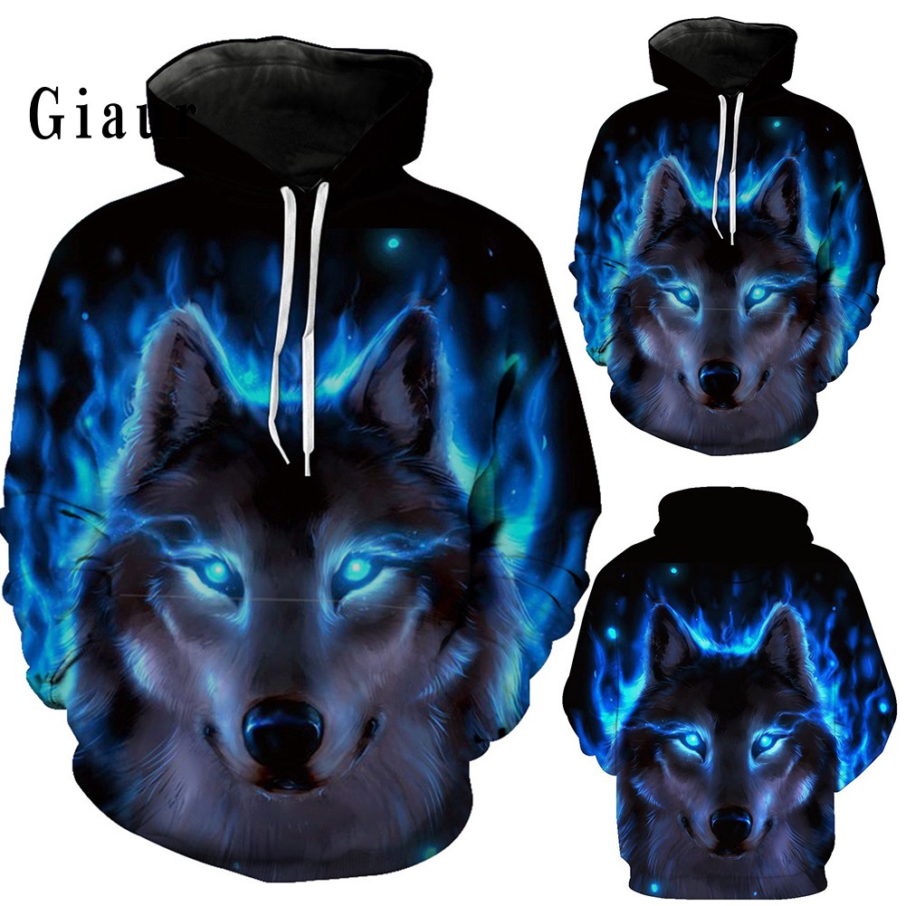 Áo hoodie dài tay phối dây rút dáng thể thao in hình chó sói 3d cá tính dành cho nam