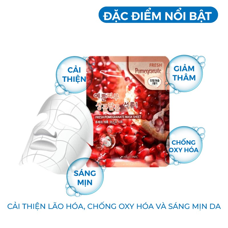 [Lẻ Miếng] Mặt nạ giấy Lựu đỏ dưỡng trắng da dưỡng ẩm mờ thâm nám chiết xuất từ Lựu Đỏ 3W Clinic Hàn Quốc 23ml