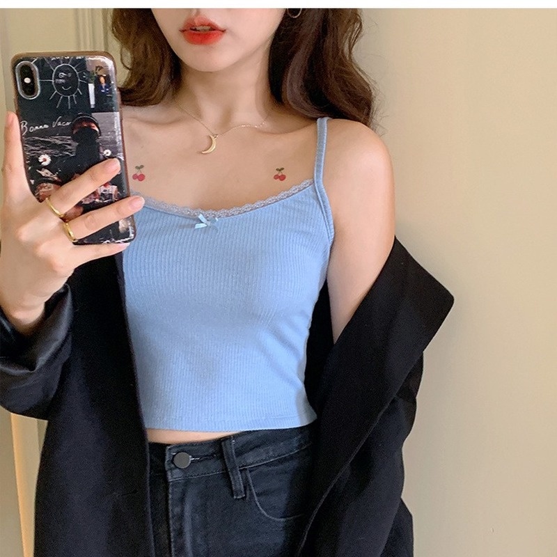 Áo Hai Dây Nhỏ Màu Hồng Phong Cách Retro Pháp Thời Trang Mùa Hè Dễ Phối Đồ Cho Nữ