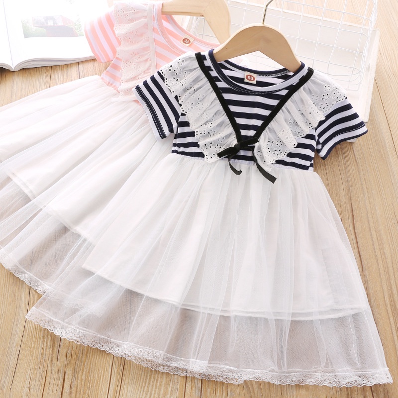 Đầm Chữ A Tay Ngắn Phối Lưới Họa Tiết Kẻ Sọc Thời Trang Mùa Hè Mới Cho Bé Gái