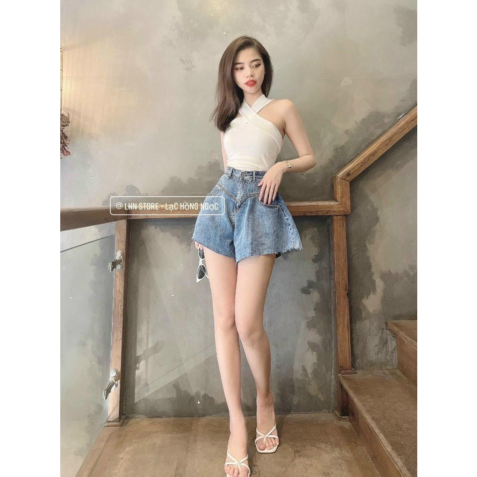 Quần Short Jeans Ống Rộng Lai Cắt, alohashop91