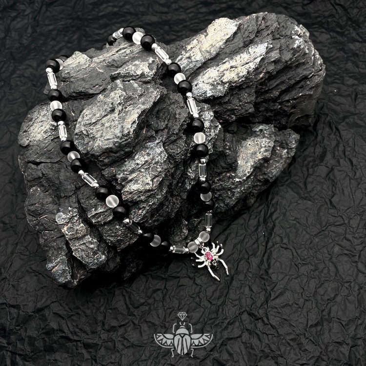 Vòng cổ Hạt Tròn Màu Đen Đính Đá Ruby Ngọc Lam Vân Kim Cương Pha Lê Hình Nhện Dáng Tròn Trẻ Trung Cho Nam Và Nữ