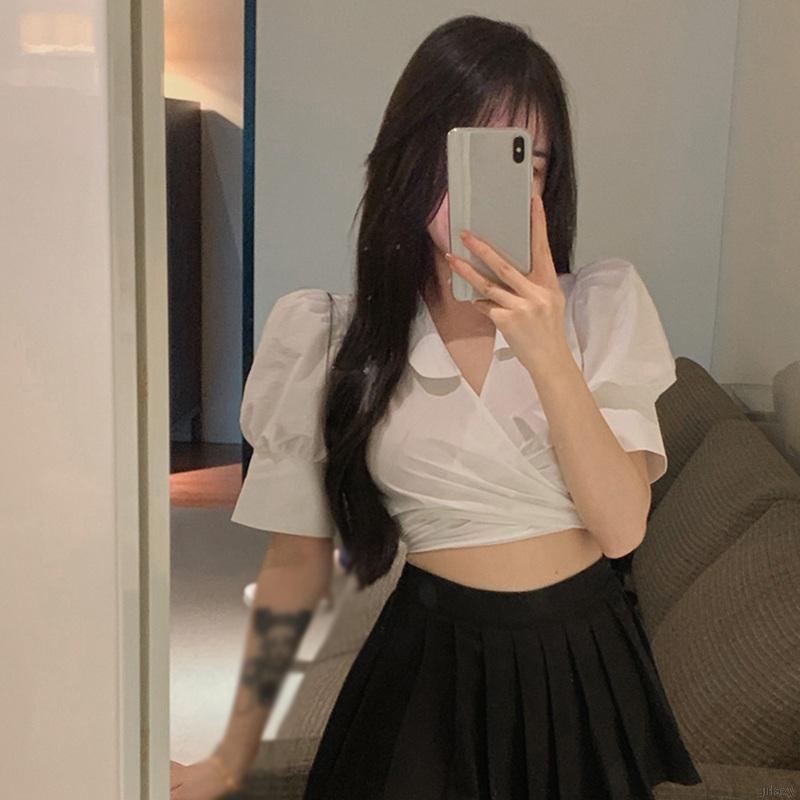 Áo Croptop Tay Ngắn Cổ Chữ V Họa Tiết Sọc Caro Phong Cách Hàn Quốc | BigBuy360 - bigbuy360.vn