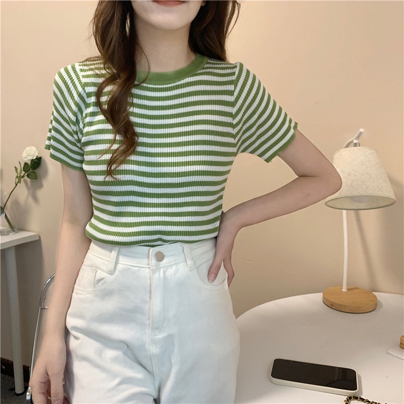Áo Thun Croptop Gân Tăm Tay Ngắn Họa Tiết Kẻ Sọc Kiểu Hàn Quốc Thời Trang 2022