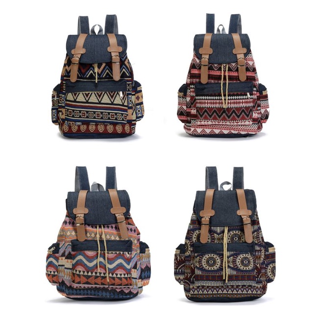 Ba Lô Canvas In Họa Tiết Thổ Cẩm Phong Cách Bohemian Dành Cho Nữ