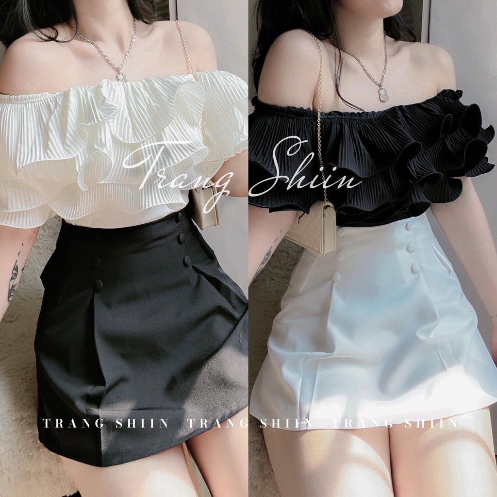 Set sơ mi bèo trễ vai chân váy ngắn siêu hot DN265