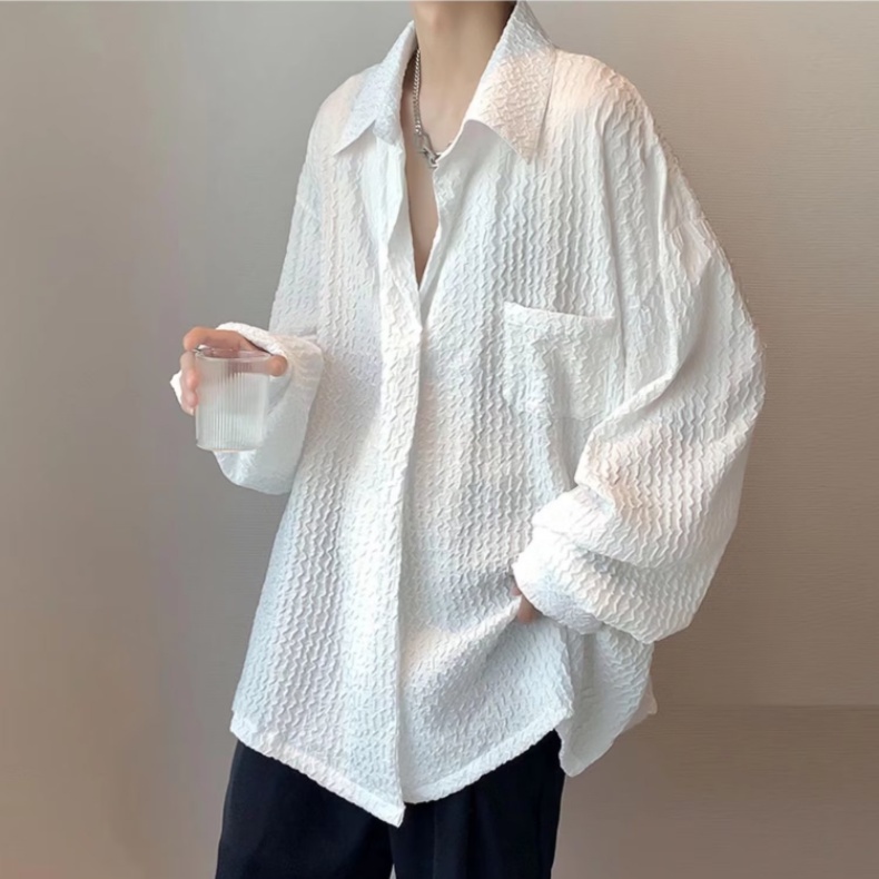 Áo sơ mi nam phong cách Hàn Quốc thời trang ve áo sơ mi nam nữ áo sơ mi Unisex đơn giản trơn đơn giản waffle áo sơ mi trắng nữ