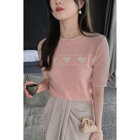 Áo dệt kim NZN ngắn tay cổ tròn hình trái tim thời trang Hàn Quốc 3 màu cho nữ
