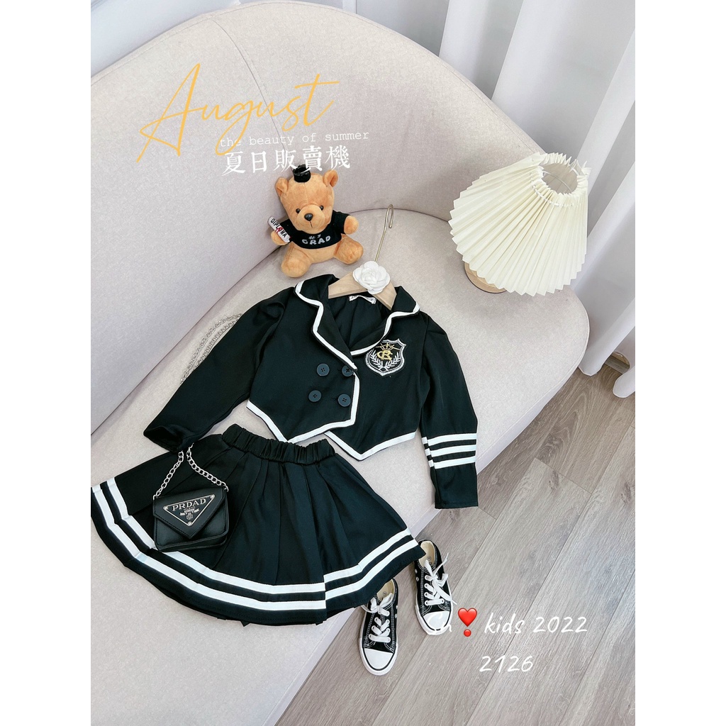 Váy cho bé gái, set áo thủy thủ kèm chân váy xếp ly logo ngực bản to cho bé 12-32kg