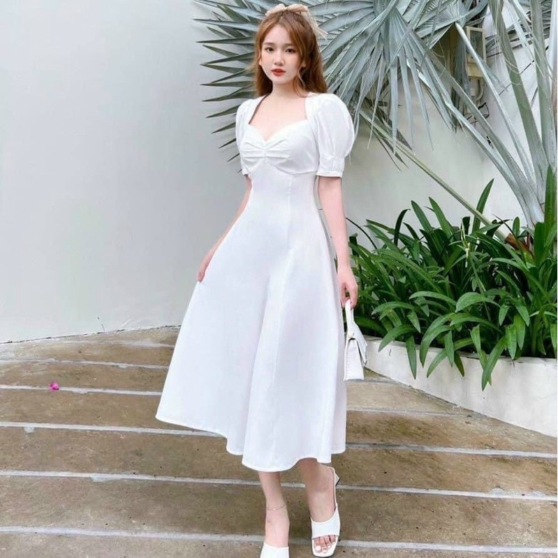 ĐẦM MIDI XOÈ NHÍU NGỰC TAY BÚP XANH/TRẮNG KTGIMI ( Kèm ảnh thật)