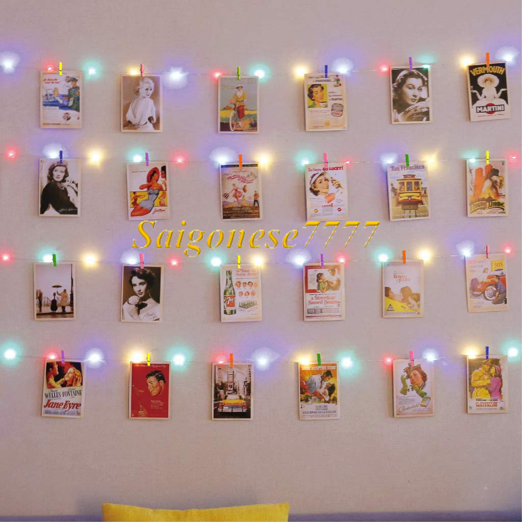 Combo Kẹp Ảnh Gỗ Thông+Đèn Led Xài Điện Nhiều Màu Chớp Nháy Dài 4M 32 Bóng Đèn Fairy Light Kẹp Hình Nghệ Thuật