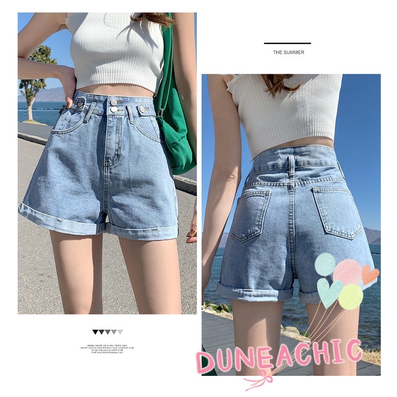 DUNEA Quần Short Denim Lưng Cao Ống Rộng Phối Túi Cá Tính Dành Cho Nữ