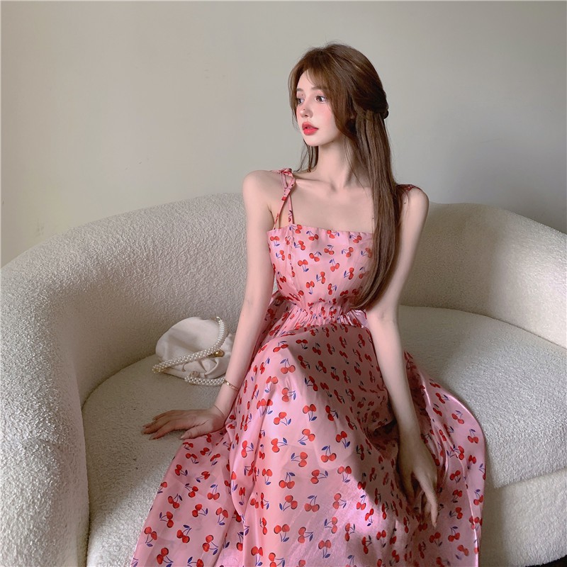 Đầm maxi 2 dây gợi cảm💋order💋đầm hở lưng họa tiết quả cherry ,đi biển,du lịch,đi chơi