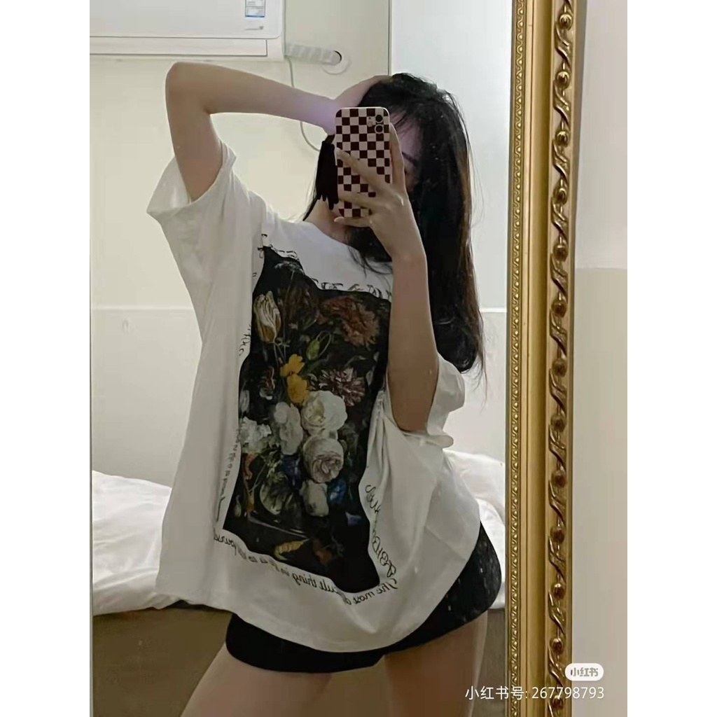 Áo Thun Tay Ngắn Dáng Rộng In Họa Tiết Phong Cách Retro Thời Trang Xinh Xắn Cho Nữ