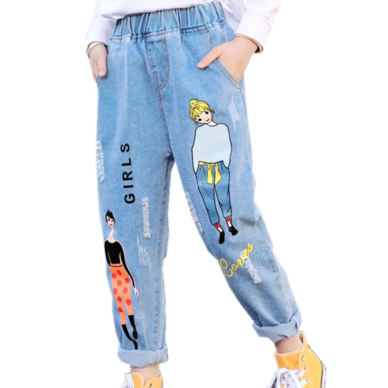Quần Jeans Lưng Thun Co Giãn In Họa Tiết Hoạt Hình Thời Trang Cho Bé Gái 4-1T