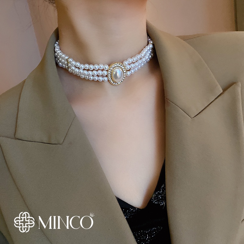 Dây chuyền nữ choker đính đá gắn ngọc châu nhân tạo Minco Accessories Vòng cổ Nữ Dự Tiệc Lễ hội sang Trọng Quý phái DT46