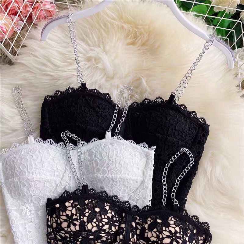 Áo Hai Dây Ngắn Phối Ren Màu Đen Quyến Rũ Thời Trang Mùa Hè Cho Nữ