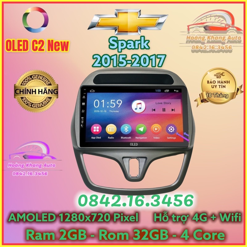 Màn hình Android OLED C2 New Theo Xe Spark 2015 - 2017, 9 inch kèm dưỡng và jack nguồn theo xe