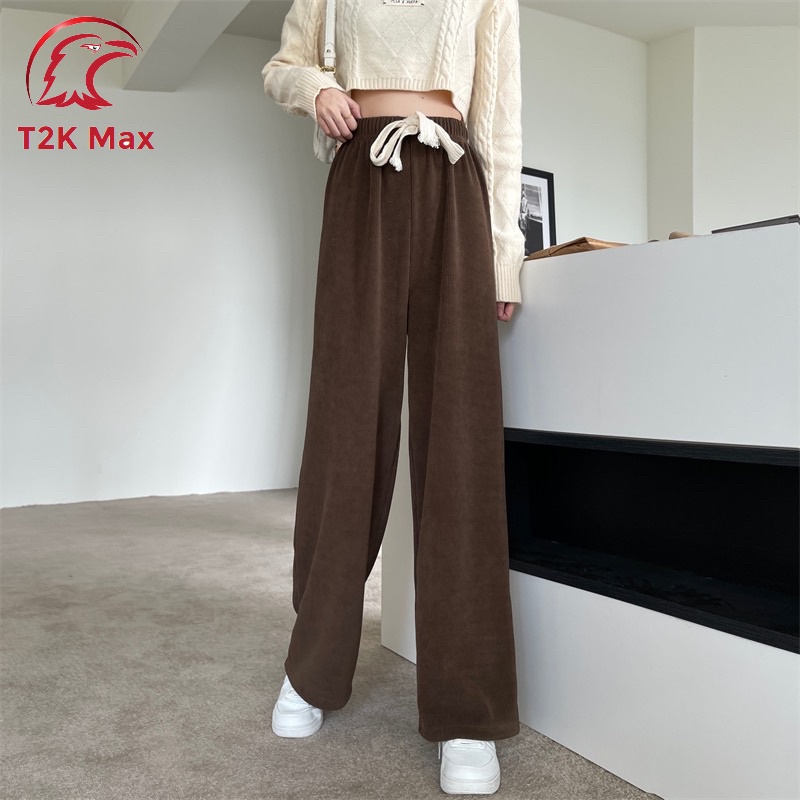 Quần ống rộng nữ lưng cao rút dây bản to - quần ống suông CULOTES vải nhung tăm cạp cao - T2K Max | BigBuy360 - bigbuy360.vn