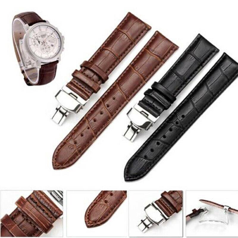 18mm 20mm 22mm 24mm Genuine Leather Butterfly Clasp Buckle Watch Band Wrist Belt Replacement